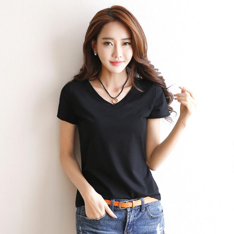 IELGY Short-sleeved T-shirt Women's New Slim Cotton T-shirt Women's Solid Color V-neck Shirt All-match Bottoming Shirt