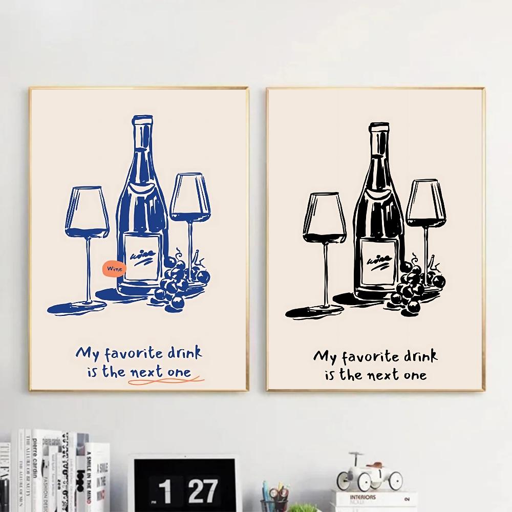 1PC Abstract Art Wine Glass Pizza Poster Self-adhesive Art Waterproof Paper Sticker Coffee House Bar Room Wall Decor