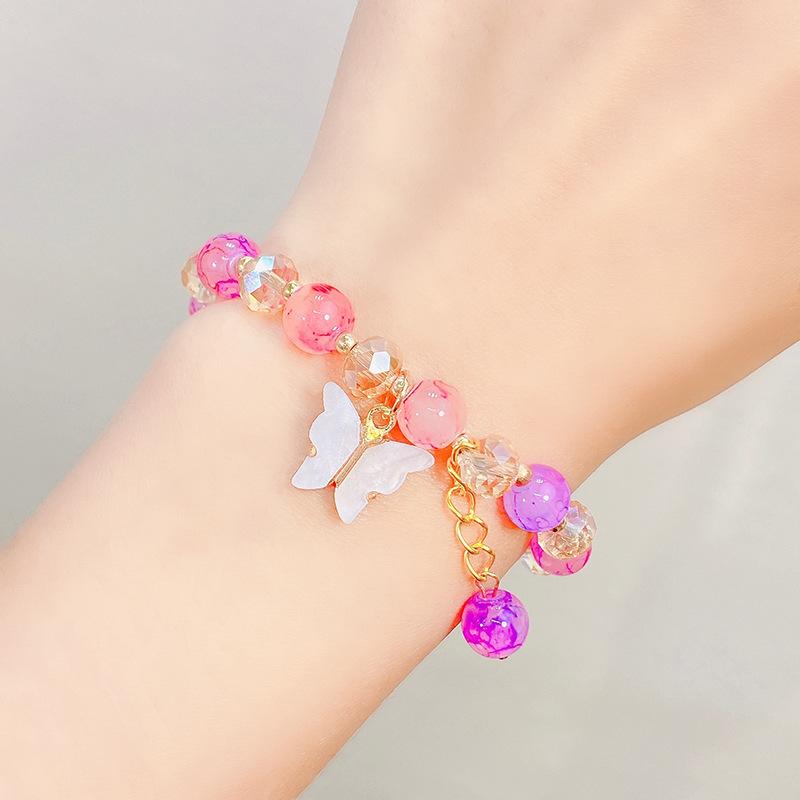 Cute Kids Glass Beaded Bracelet Princess Cartoon Crystal Flower Charm Bangle Handmade Jewelry Gift For Girls Students