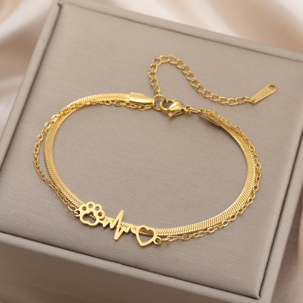 Cazador Heartbeat Cat Dog Footprint Paw Heart Charm Bracelet for Women Stainless Steel Bracelet Gifts Jewelry
