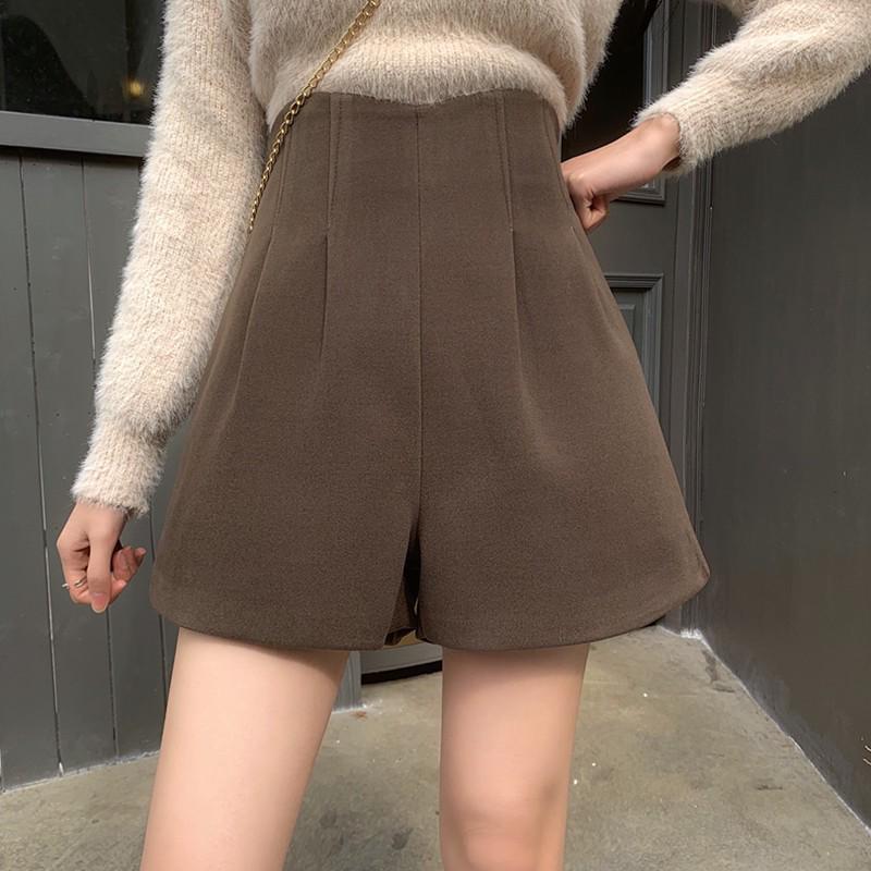Plus Size High Waist Woolen Wide Leg Shorts for Women - Autumn Winter 2023 Black A-Line Slimming Casual Pants
