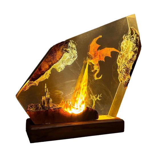 Epoxy Resin Dragon Lamp Handmade Flame Dragon Night Light for Bedside Living Room Collectible Gifts for Son Husband Boyfriend Fantasy Enthusiasts