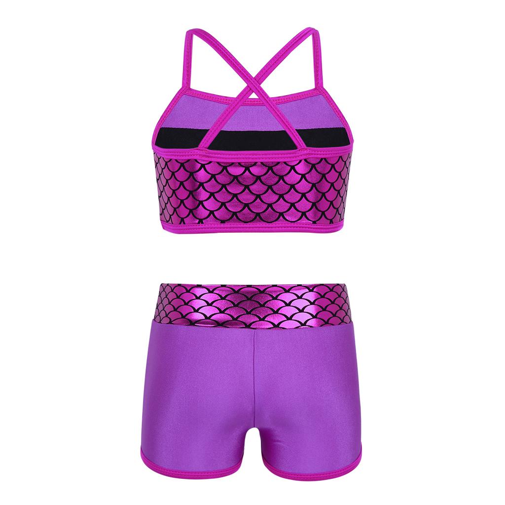 Kids Girls Sequins Mermaid Tank Top with Shorts Dance Outfit Gymnastics Dancing Costume Swimwear