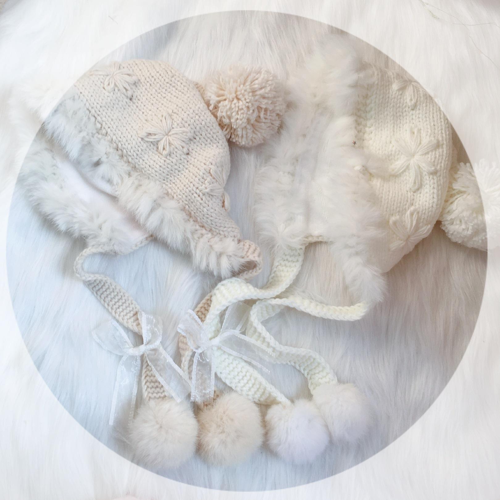 

Шапка Мягкая Лолита, осенне-зимняя теплая шапка с защитой от ушей из кроличьего меха, вязаная шерстяная шапка, милый меховой шарик One Size