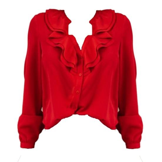 Frauen Top Tiefem V-ausschnitt Rüschen Einfarbig Langarm einreiher Weiche Atmungsaktive OL Pendeln Stil Dame Hemd bluse