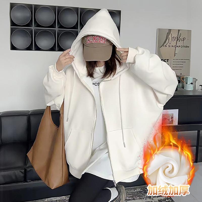 Jimo hooded sweater women's clothing autumn and winter loose lazy wind fleece zipper cardigan top jacket