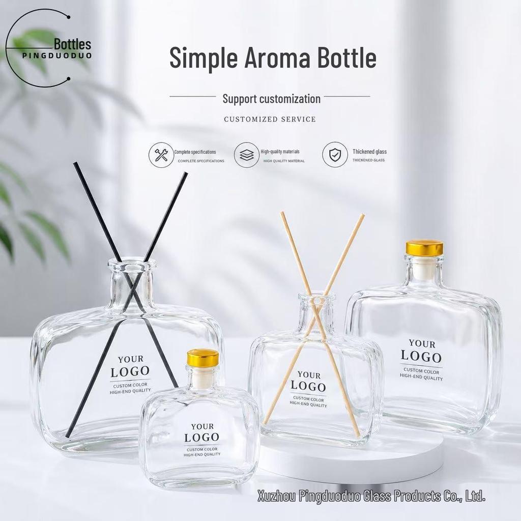 In-Stock Flat Square Glass Bottle for Reed Diffuser, Alcohol, Oil; Customizable with Silk Screen Printing & Ceramic Decal