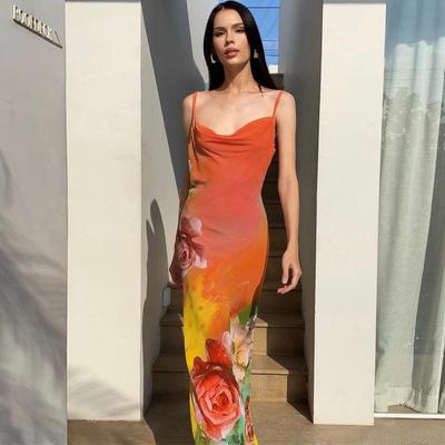 Elegantes ärmelloses, figurbetontes, rückenfreies langes Kleid für Frauen mit Blumenmuster 2024 Sommerkleidung Großhandelsartikel für Unternehmen