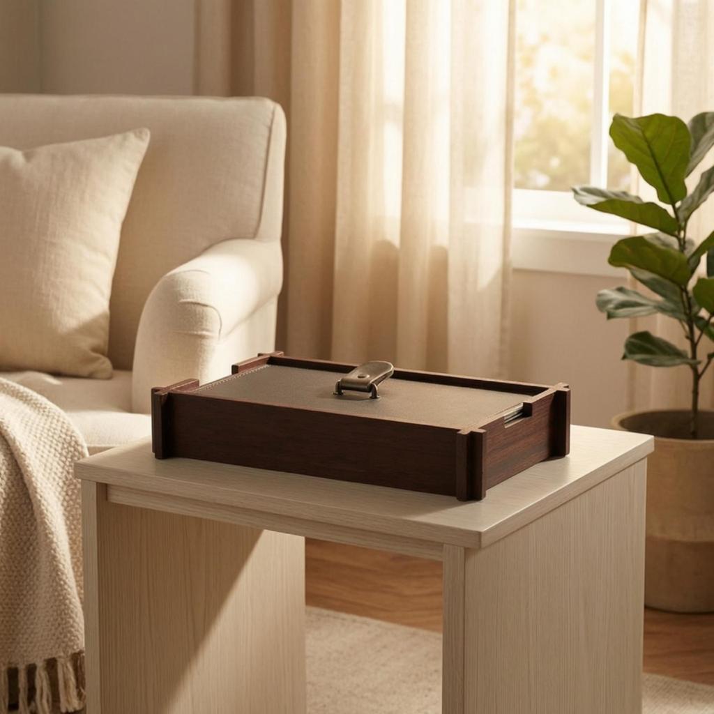 Wood Storage Box with Leather Panel Hand-Finished Tray Metal Handle
