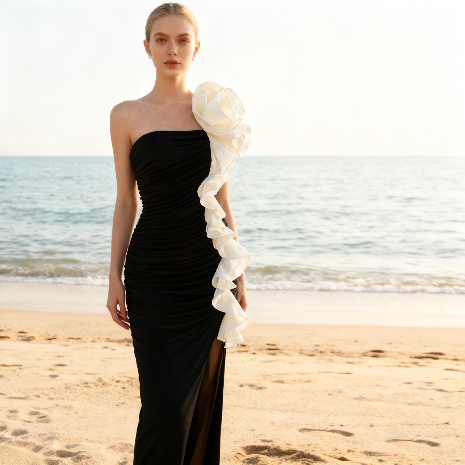 European Hepburn Style Black Strapless Gown with Large Flower Mermaid Skirt for Christmas Banquets Medium чёрный