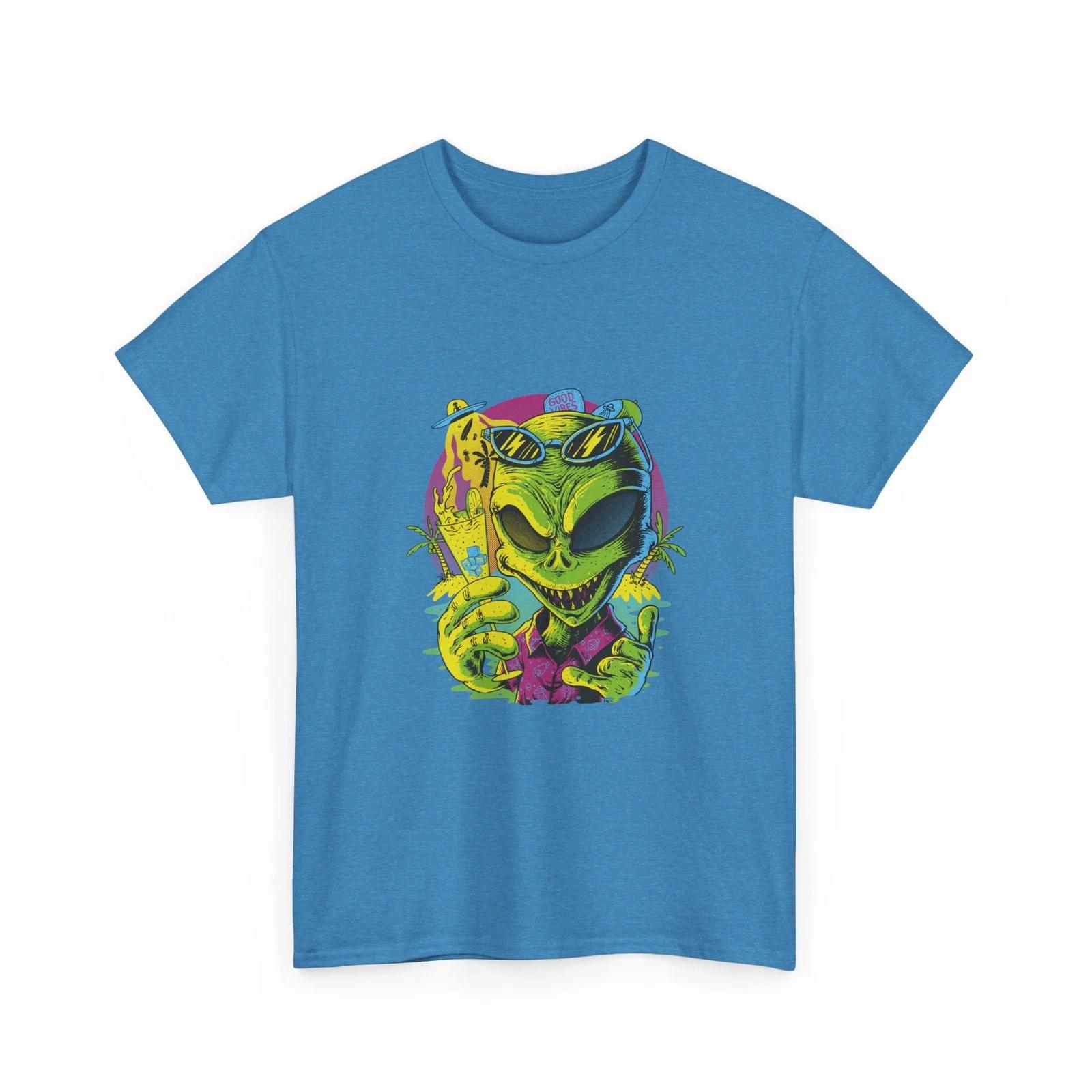 

Neon Alien Smiling Face T-Shirt | Retro UFO Art, Pop Art, Blue Tee, Rock Style L