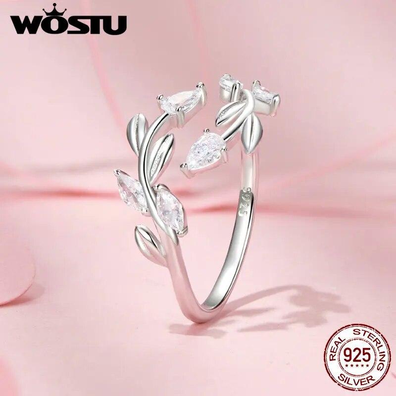 WOSTU 925 Sterling Silber Blattförmige Öffnung Ring Für Frauen Voll Glänzend Zirkon Blätter Stapelbar Party Mädchen Ringe Koreanische Schmuck