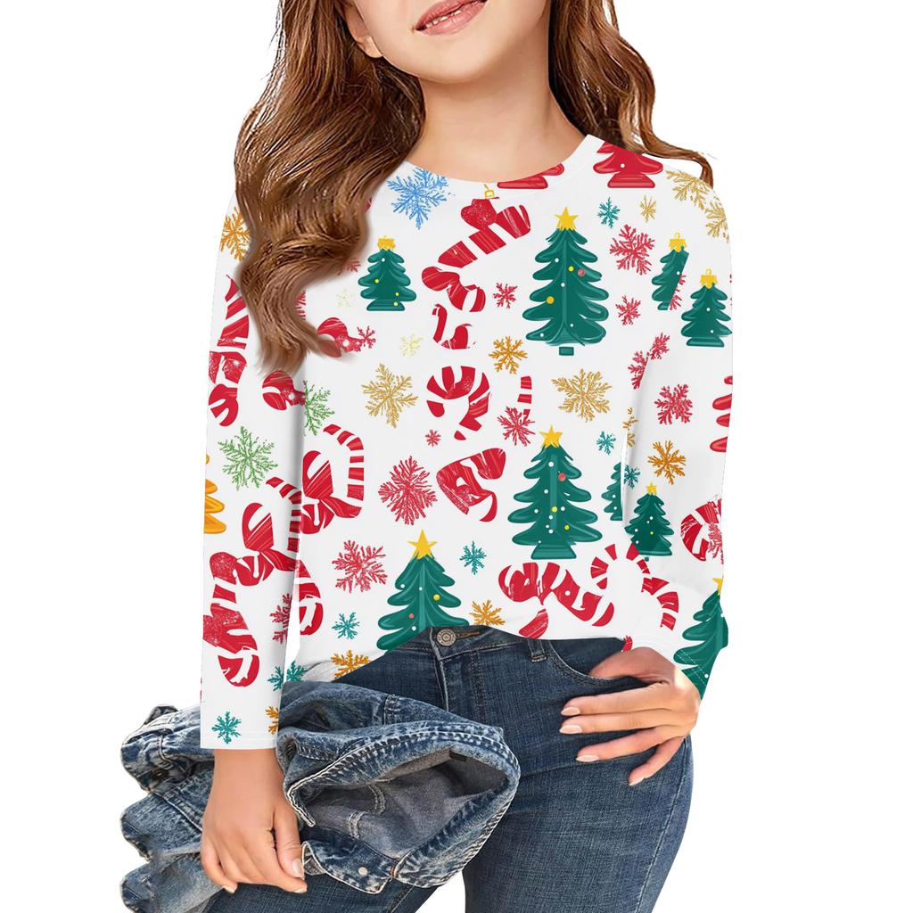 Christmas Day Girls Long Sleeve T Shirts Kids Fall Tops Crewneck Printed Basic Tees
