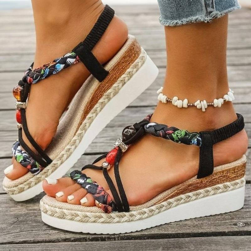 Modische T-Riemen Plateau-Sandalen für Damen Mix-Farbe Elastisches Band Keilsandalen Damen Sommer Täglich Offene Zehen Sandalen Damen
