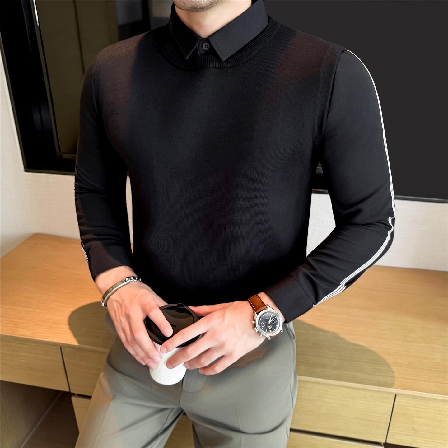 Men s Knitwear: Autumn Winter Woven Stripe Patchwork Shirt Collar Sweater L