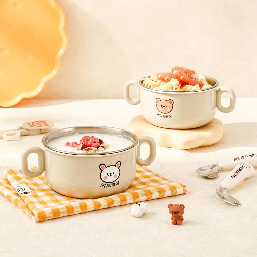 500ml Double-Layer Rice Bowl Cartoon Anti-scalding 304 Stainless Steel Soup Bowl For Kid Double Handle Food Container