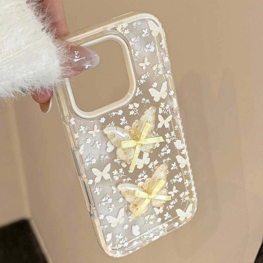 2 i 1 3D Sommerfugl med Sløyfe Gjennomsiktig Deksel til iPhone 17 16 15 14 13 12 Støtsikkert Anti-Gulnende TPU-deksel, Søtt Estetisk Beskyttende Telefondeksel