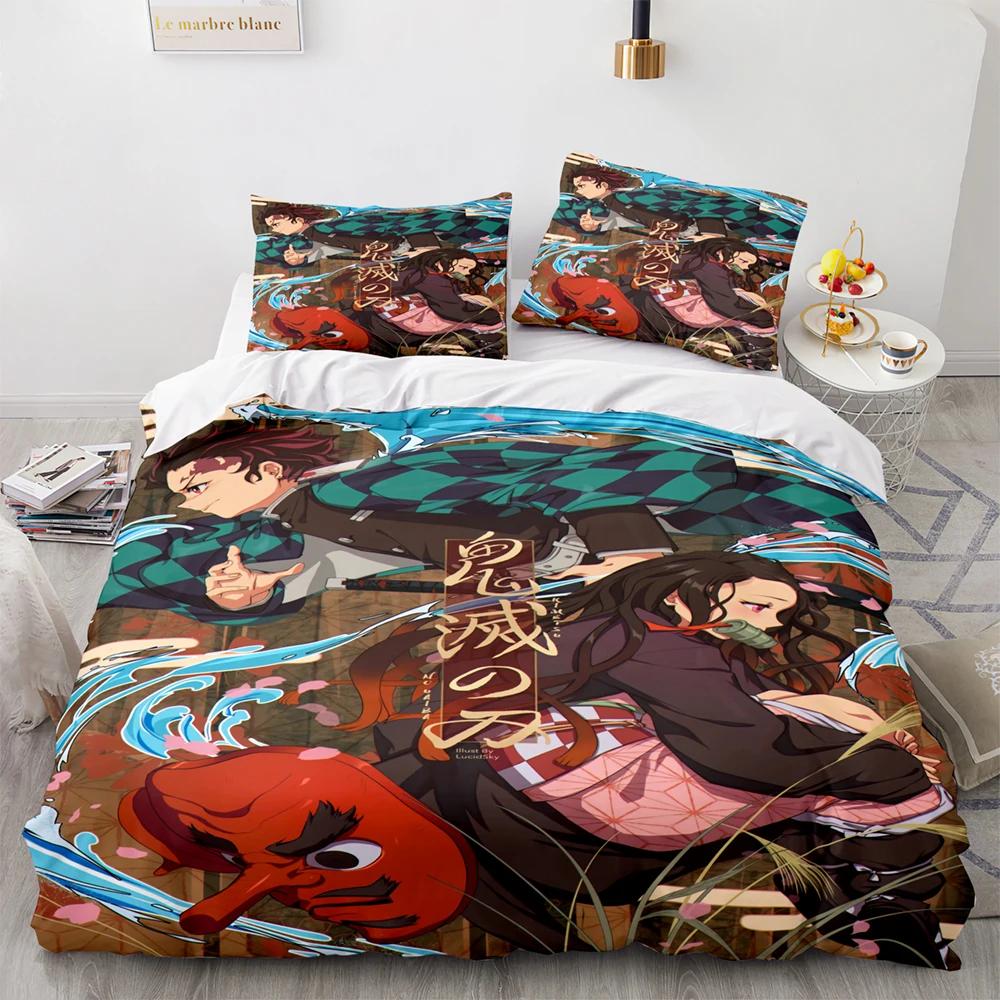 Conjunto de Cama Kamado Tanjirou Solteiro Twin Completo Queen King Size Demon Slayer Conjunto de Cama Adulto Criança Quarto Conjuntos de Capa de Edredom Anime 3D 33