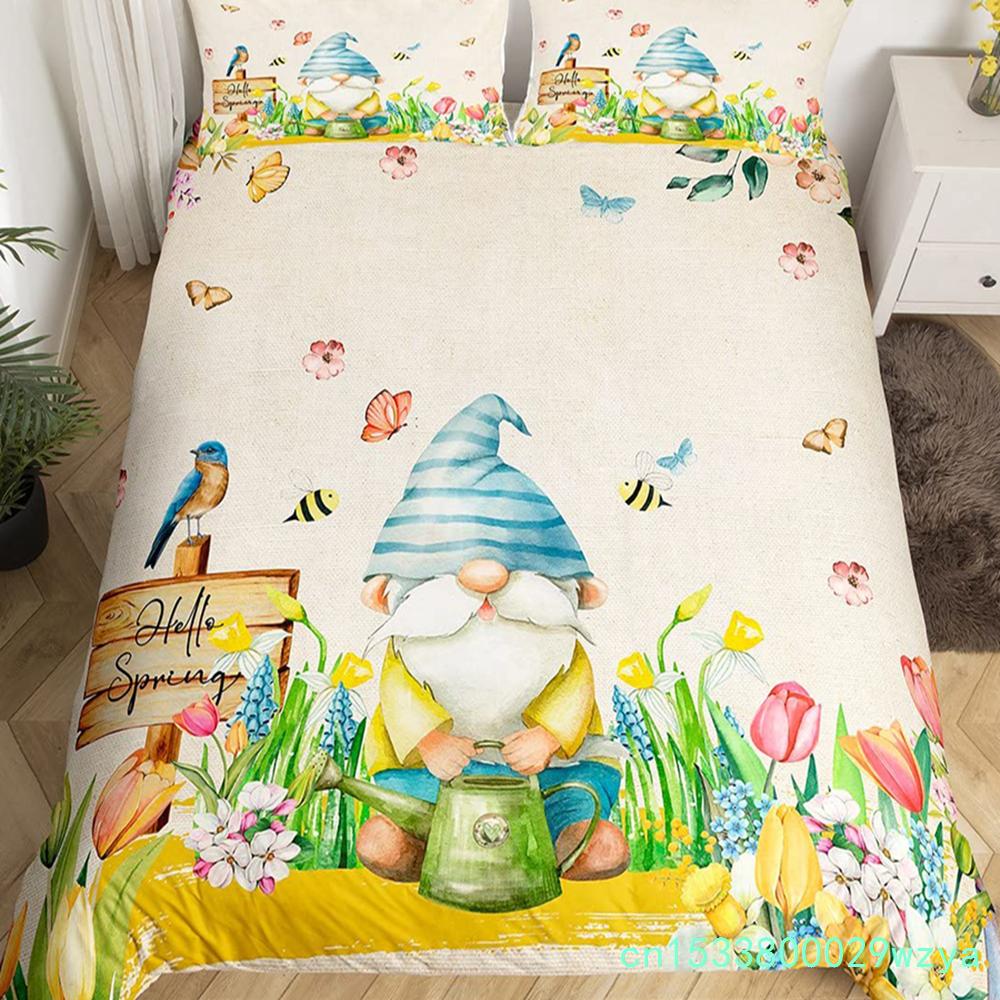 Purple Lavender Dwarf Duvet Cover King Queen Kawaii Cartoon Gnome Bedding Set Spring Flowers Comforter Cover Floral Quilt Cover