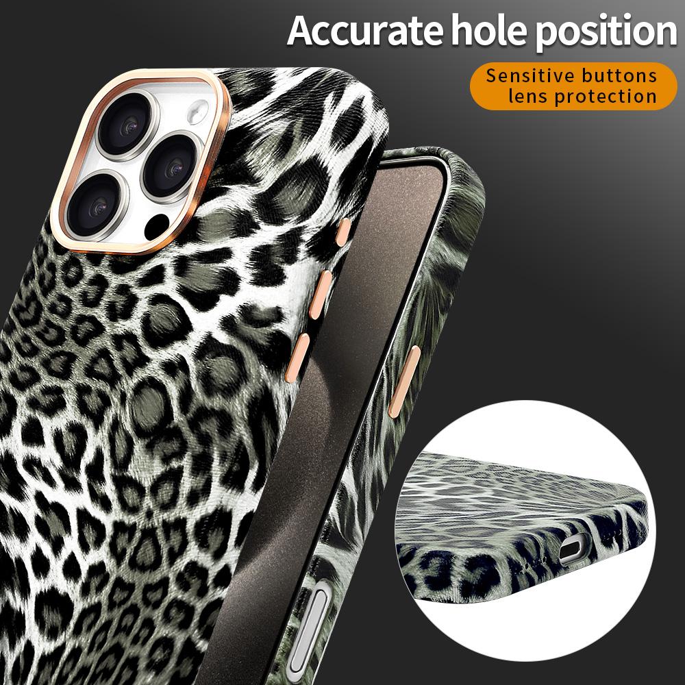 VIETAO Leopardenmuster PU-Leder Magnetische Kabellose Ladefunktion Handyhülle Für iPhone 16 15 Pro Max, 15 pro 16 pro Hülle, Schwarz