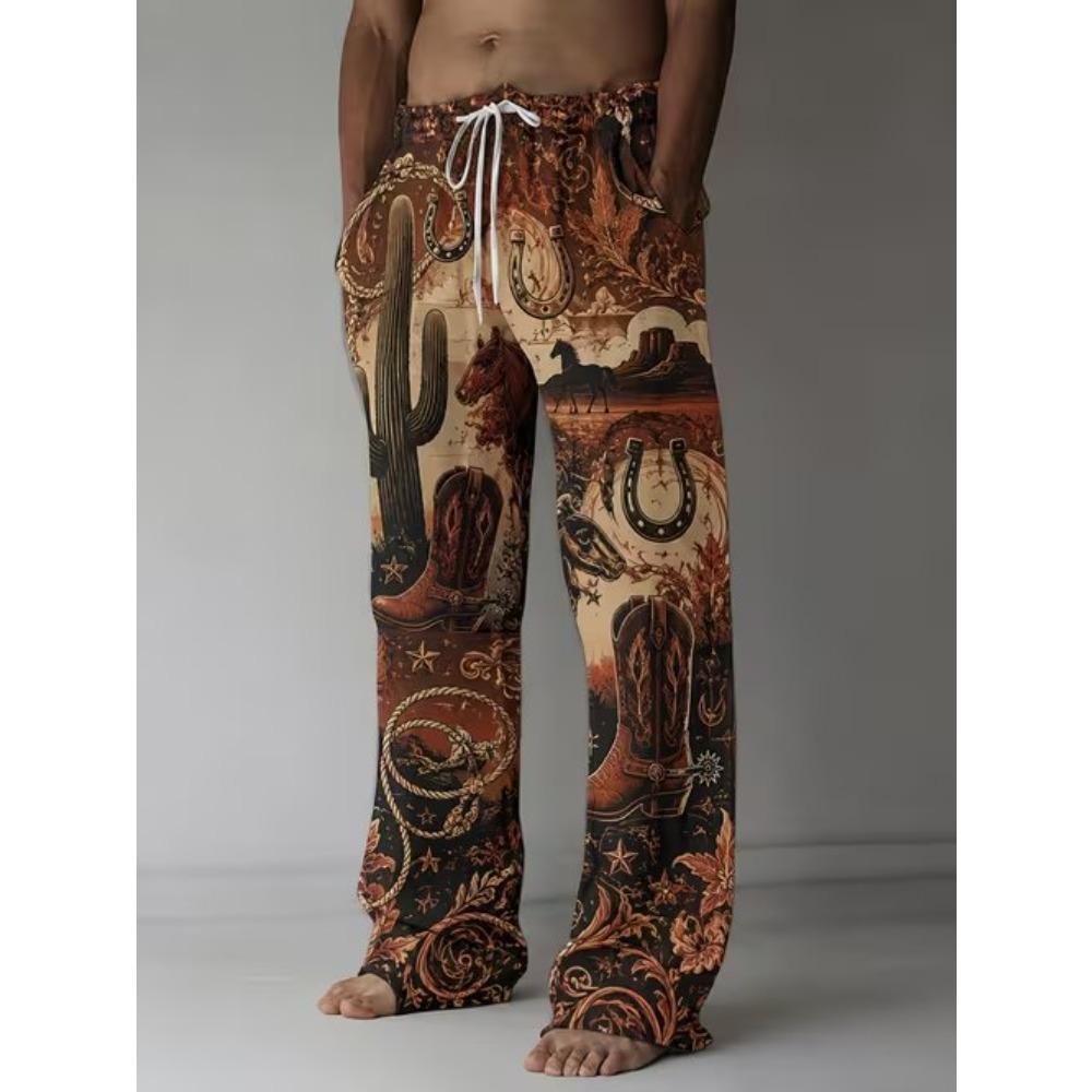Men's 3D Retro Printed Baggy Casual Trousers, Elastic Drawstring Waist with Pockets, for Spring Summer Home Outdoor Vacation