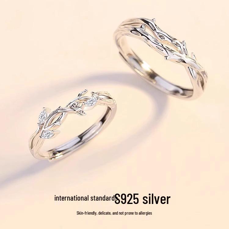 Silver-Plated Linked Branches Couple Rings - Niche Design for Valentine's & Qixi Gift