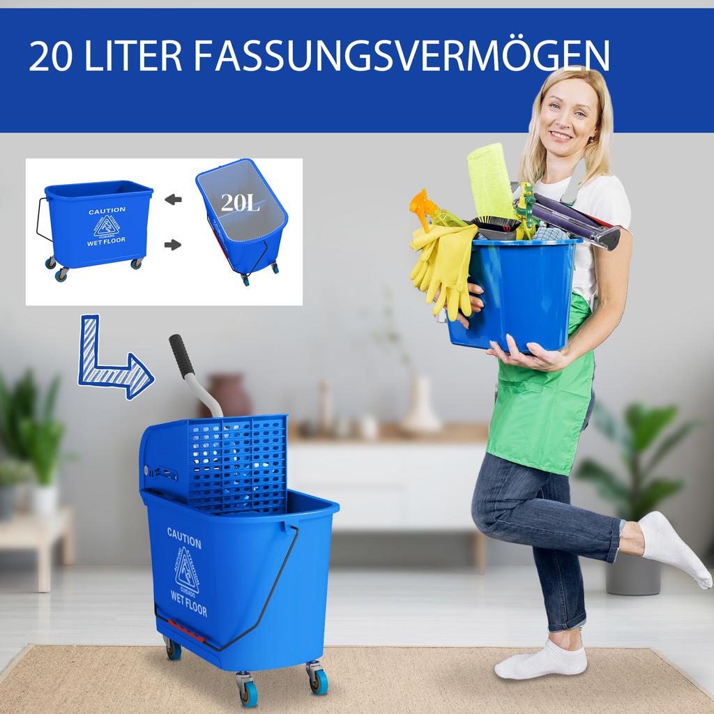 20L Kompakter Wischmopp-Eimer auf Rädern, mit Wasserabtrennplatte - Blau