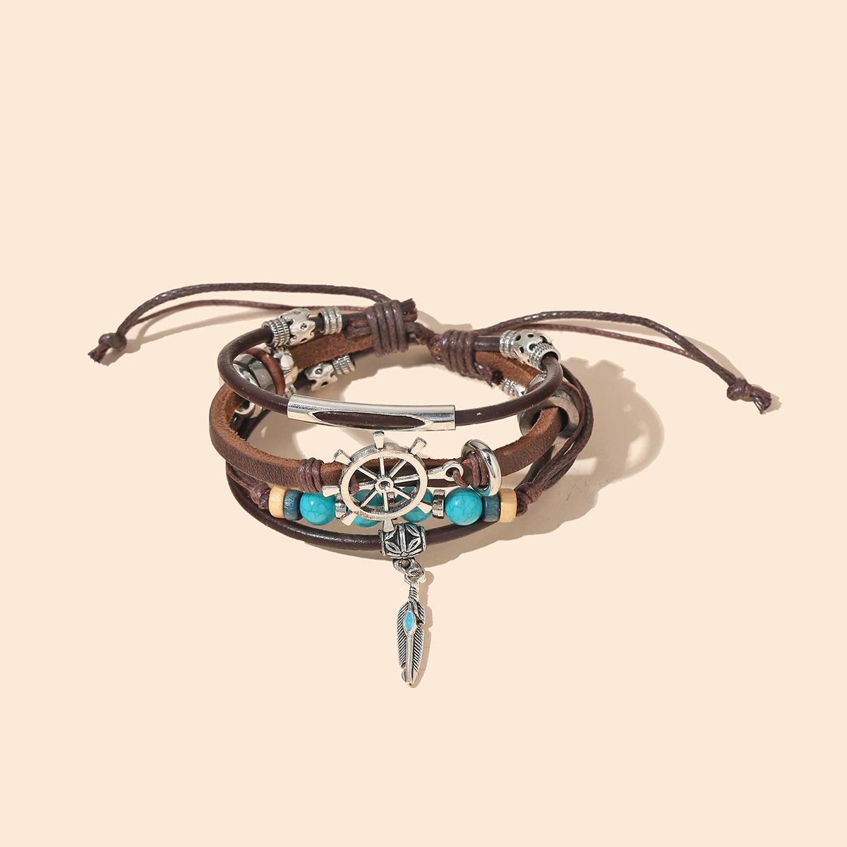 

Мужской браслет в стиле ретро, ​​новый бирюзовый многослойный кожаный браслет, женский браслет из натуральной кожи с перьями