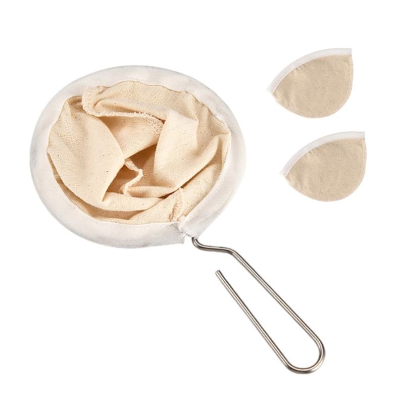 3pcs Washable Cloth Coffee Filter Pouches Coffee Sock Strainer with Wooden Handle Multi Size Brewing Accessories