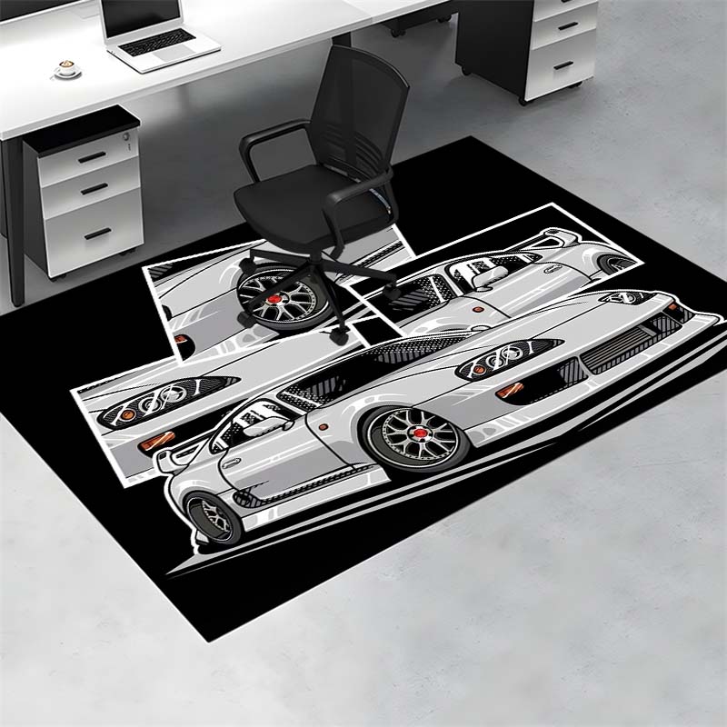 White JDM Sport Car Comic Collage Print Area Rug Non‑Slip Rectangular Floor Mat Car Fan Decor for Gaming Room Living Bedroom