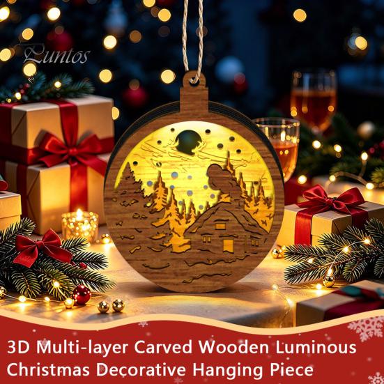 Warm Light Christmas Tree Ornaments 3D Wooden Up Ornament, Layered House Snowman Rustic Holiday Decorations Nativity Scene Hanging Decoration for Xmas