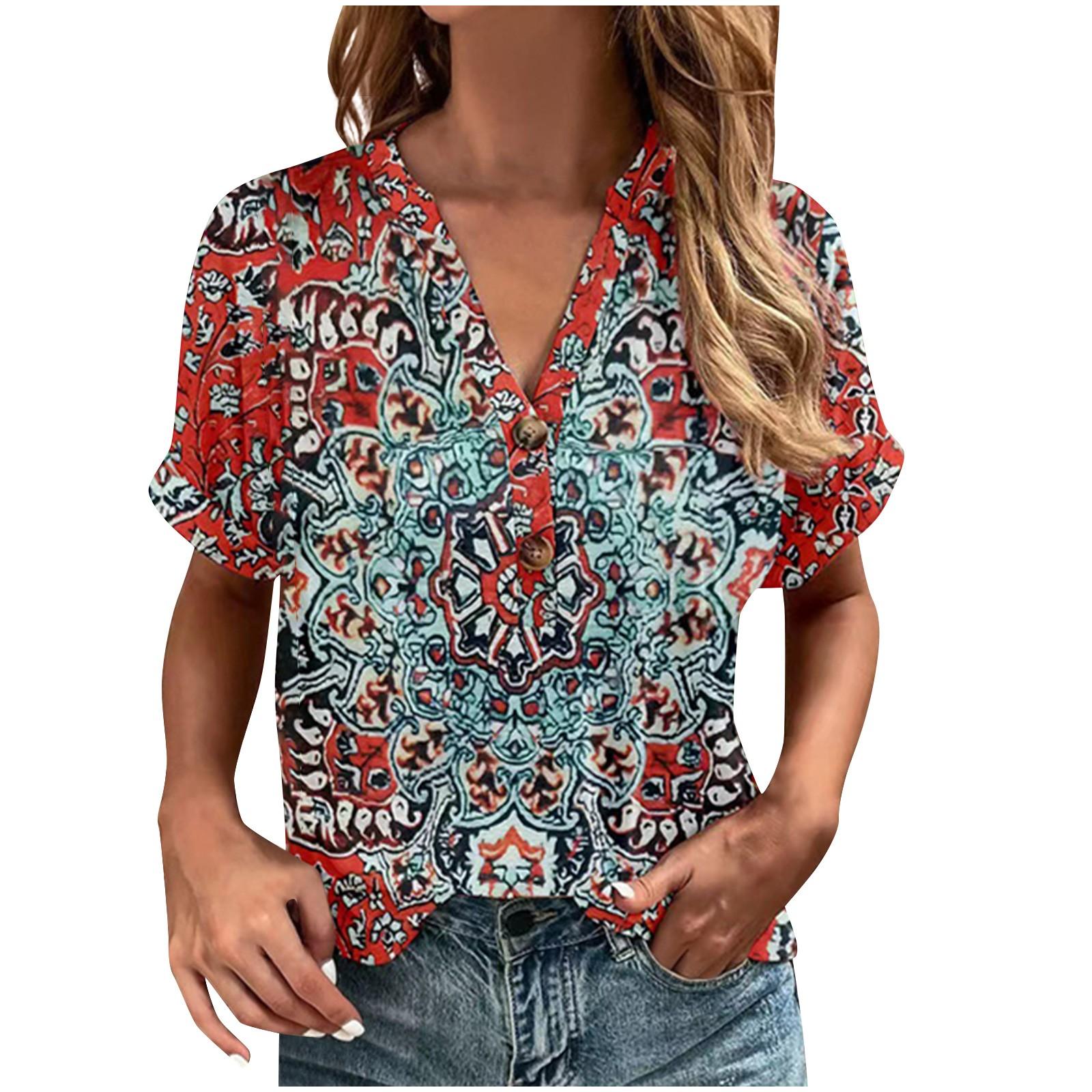 Fashion Womens Loose Summer Printing V Neck Button Button Short Sleeve Casual Tops M циан