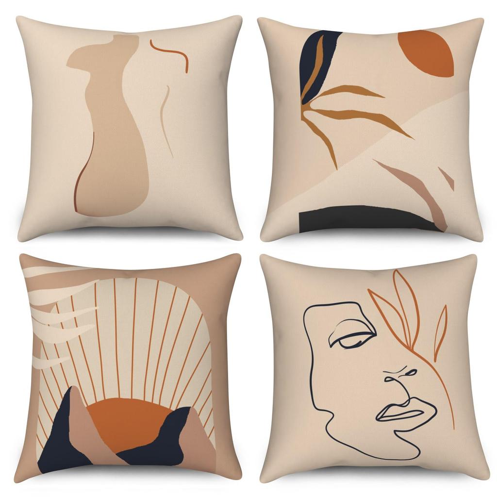 4Pcs Retro Abstract Cushion Covers, Boho Sun & Leaf Geometric Pillow Cases For Sofa Bedroom Living Room 45X45Cm