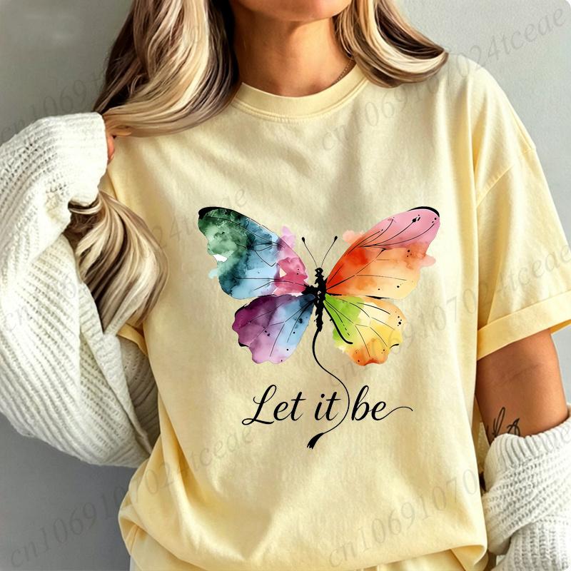 High Street T-Shirt Let It Be Rainbow Butterfly Print Shirt Fashion T-shirt Watercolor Butterfly Women Tee Summer Brand Tops