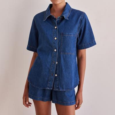 Summer Women's Casual Style Washed Vintage Solid Colour Short Sleeve Shirt Shorts Denim Suit