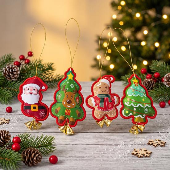 Holiday Hanging Decorations Christmas Santa Gingerbread Keychain, Cute Stuffed Tree Ornament with Festive Decor Metal Bell, Fireplace