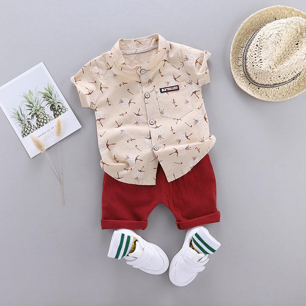 Toddler Kids Baby Boys Cartoon Floral Gentleman Shirt Tops Shorts Outfits Set