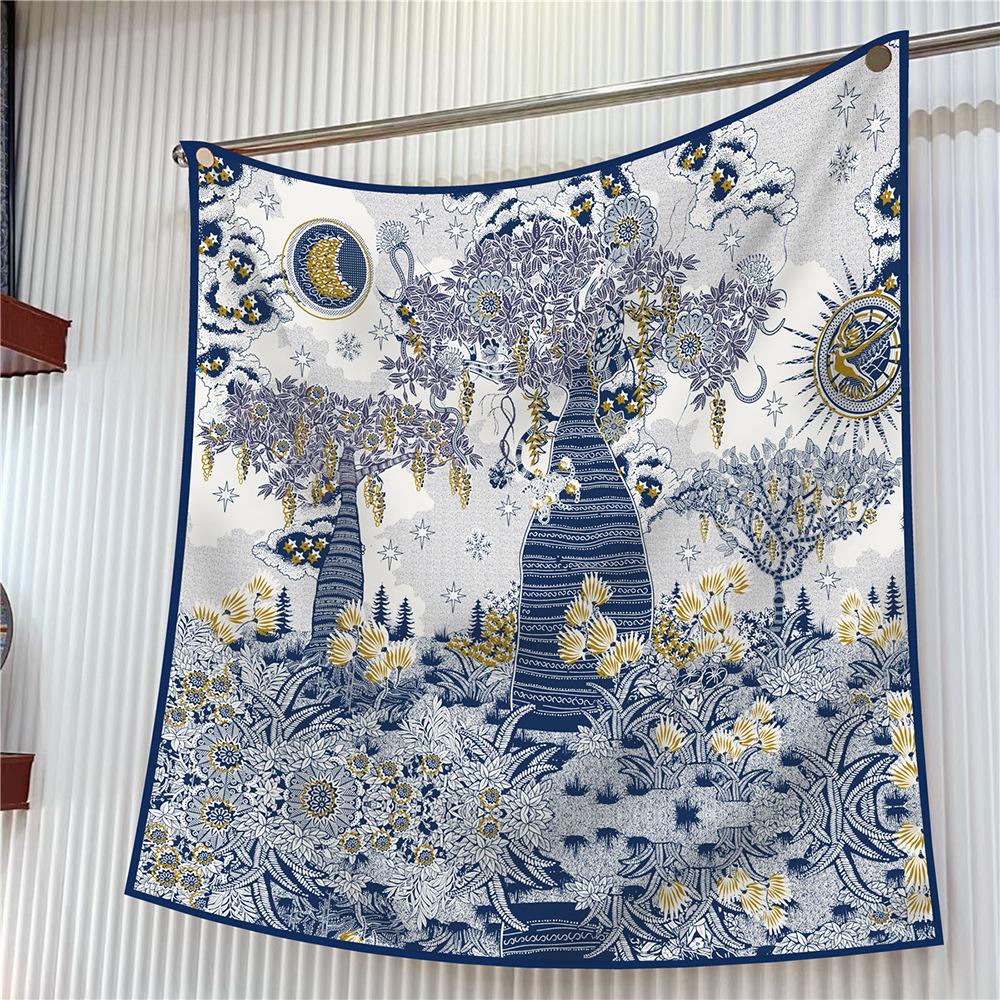 Silk Scarf Women Trees Printed Square Scarves Head Echarpes Silk Foulards Femme Wraps Beach Shawls Bandana Lady Hijabs 90CM