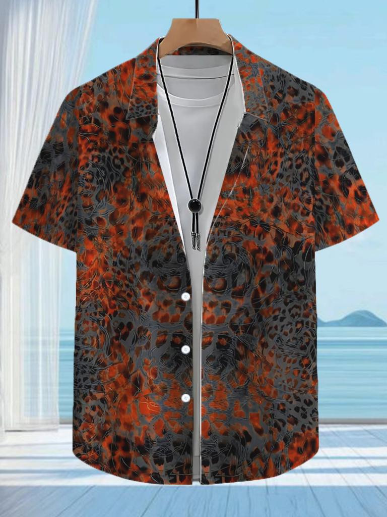 Hawaiian Style Men'S Casual Shirt with Leopard Print - Short Sleeve Button Design, Vibrant Colors, Suitable for Outdoor And Casual Wear in Summer,