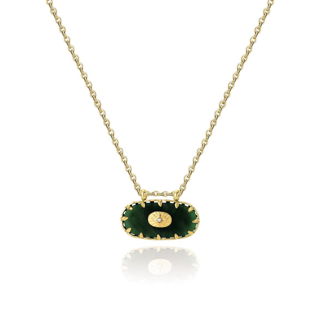French Retro Style 18K Plated Real Gold Collarbone Chain, Malachite Beaded Titanium Steel Necklace Multi-Layer Stacking Design