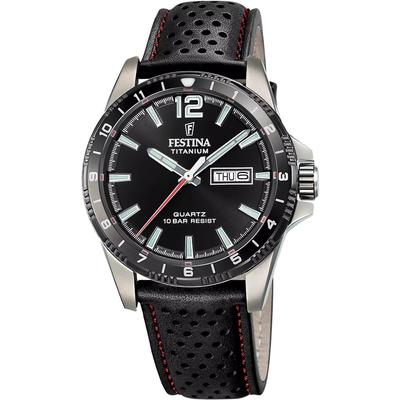 Titanium Leather Strap Black Dial Quartz F20699-4 100M Men's Watch