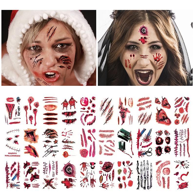 20/30/50 Sheets Halloween Terror Wound Temporary Tattoo Waterproof Realistic Blood Tattoos Injury Scar Tattoo Stickers For Body