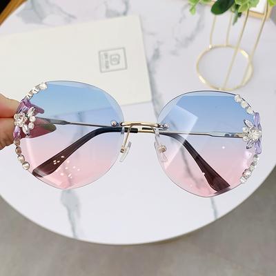 Trendy Women'S Korean Metal Frameless Crystal Trimmed Sunglasses, Uv-Proof Diamond-Set Sunglasses