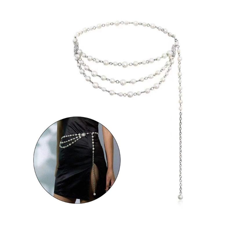 Multilayer Waist Belt Modern Baroque Pearls for Street Dance Music Festival Jeans Dress Belt Body Jewelry Versatile