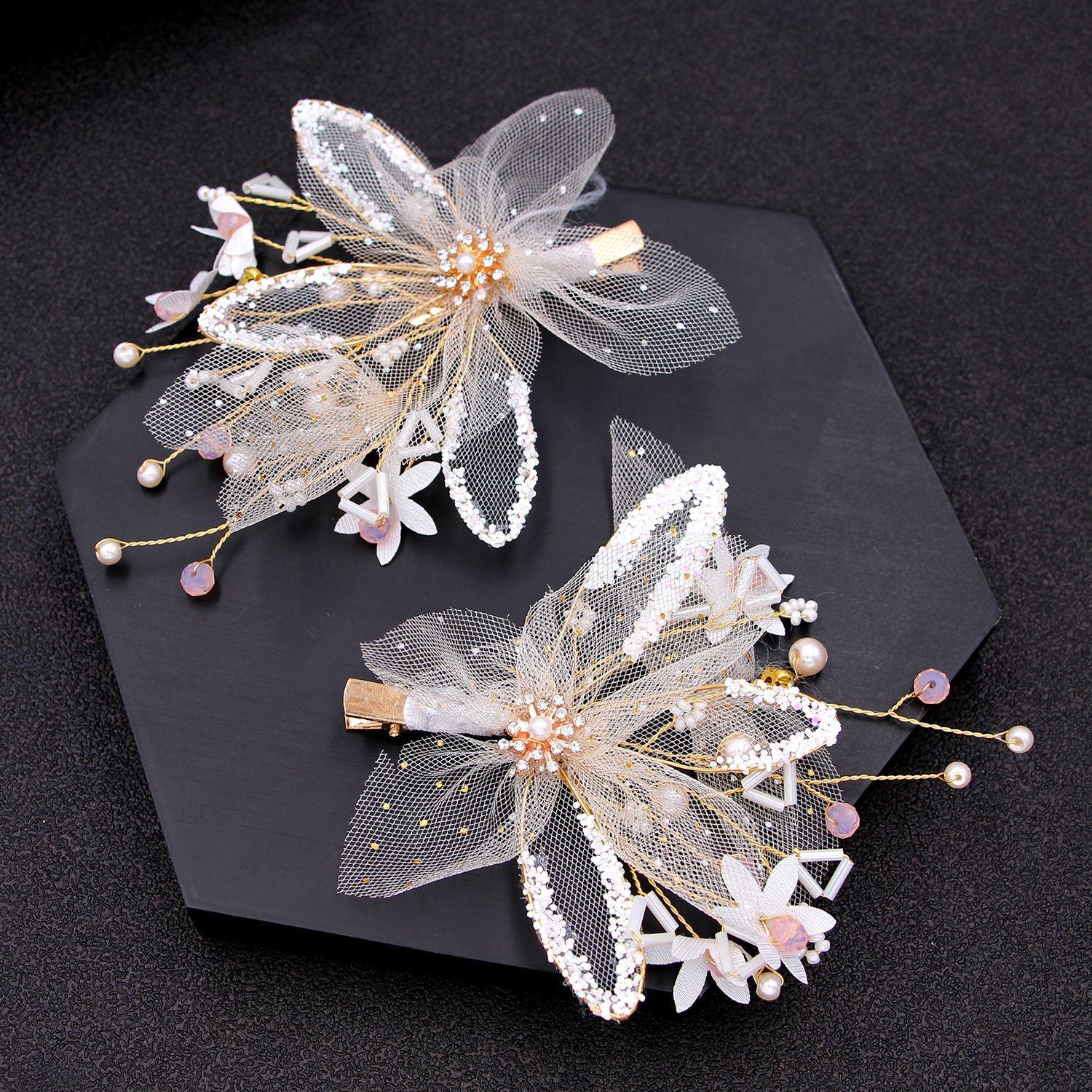Korean Bride Wedding Hair Accessories Golden Mesh Barrettes 2-Piece Side Clip Bridesmaid Girl Dress Head серебряный