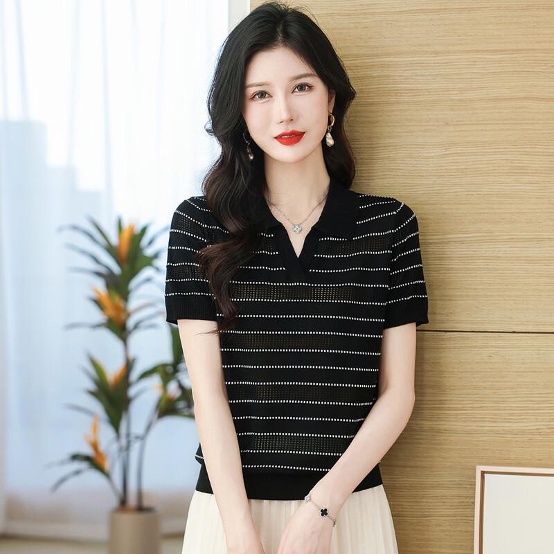 Snowflying Women's Color Block Stripe Knitted Short Sleeve T-Shirt