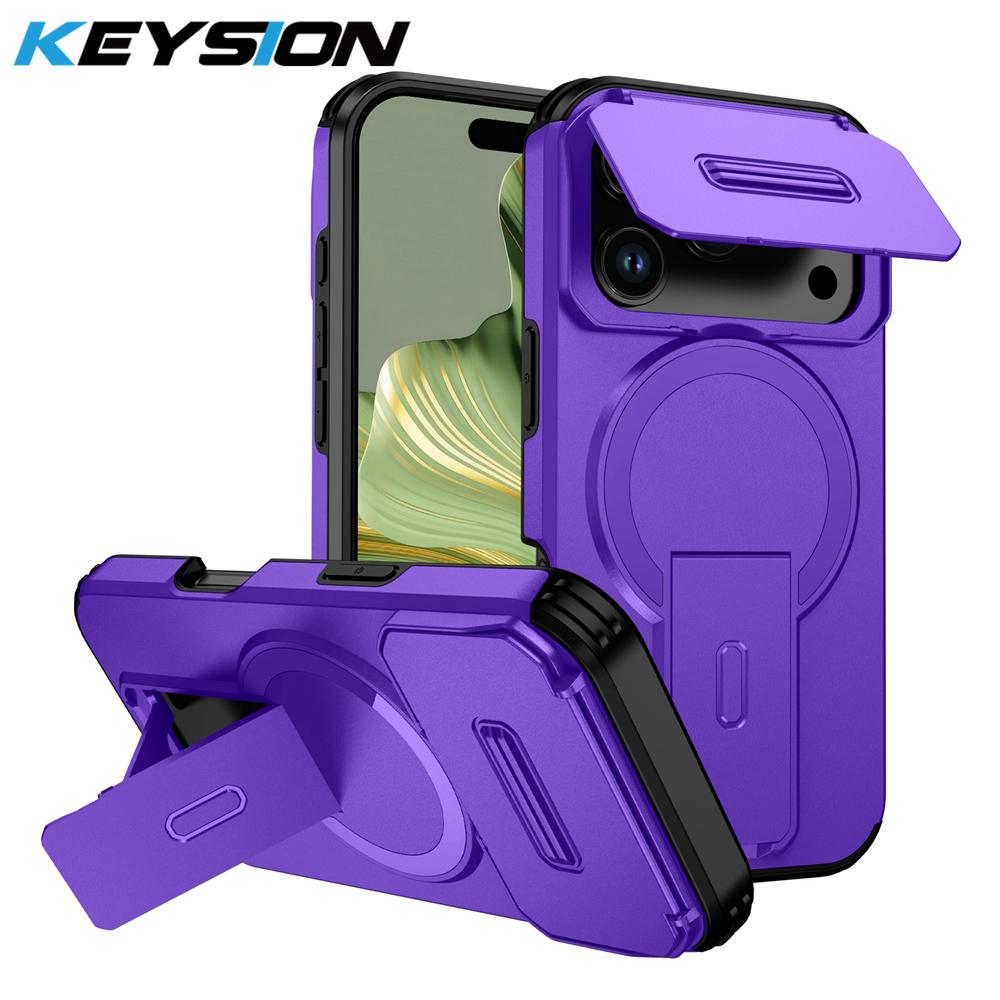 

KEYSION Shockproof Magnetic Case for iPhone 17 Pro 17 Pro Max Slide Camera Protect Kickstand Wireless Charging Phone Back Cover for iPhone 17 Pro Max фиолетовый