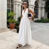 Women Floral V Neck Boho Maxi Dress Halter Tie Flowy A Line Beach Wedding Guest Dresses Tiered Sundress with Pockets