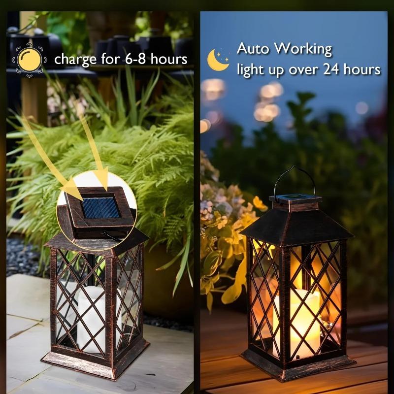 Vintage Solar Powered Metal Lanterns - Flickering Flameless Candle LED Lamp Waterproof Hanging Decor for Patio, Garden & Outdoor