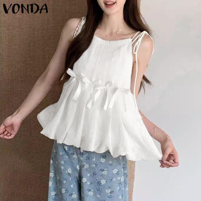 VONDA Women Summer Strap Sleeveless Bow Knot Pleated Casual Tank Tops